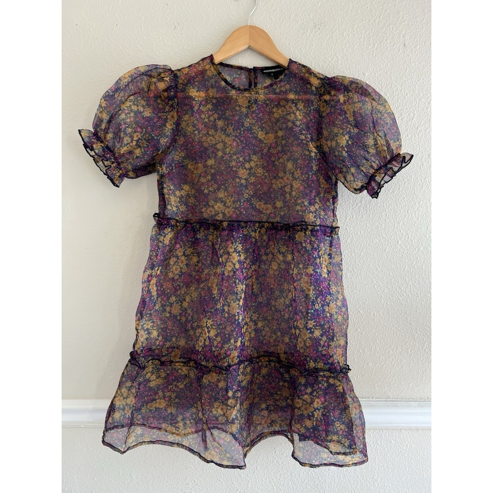 Wednesday's Girl Womens S Sheer Organza Floral Tiered Babydoll Dress Puff Sleeve